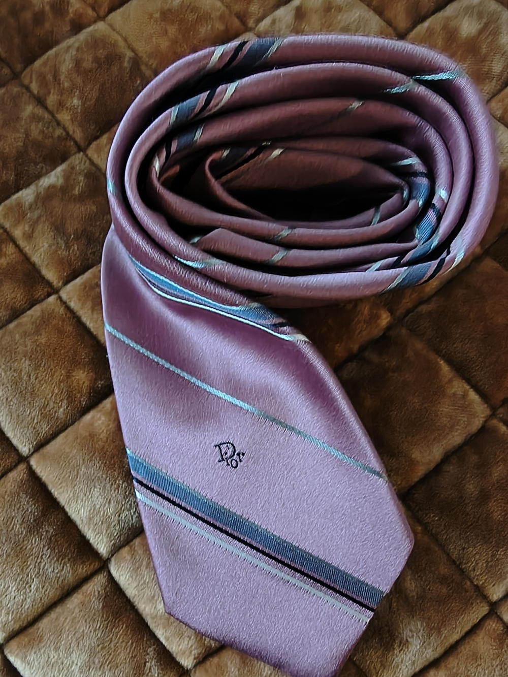 Vintage Christian Dior Mauve Stripe Silk Tie with Teal and Gray Accents
